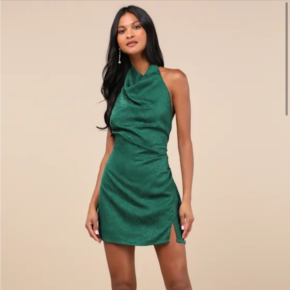 Lulu’s Simply a Stunner Emerald Jacquard Cowl Neck Low Back Dress